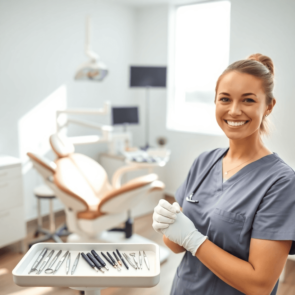 Bright, clean dental clinic interior with a modern dental chair, neatly arranged tools, and a smiling dental assistant preparing instruments.