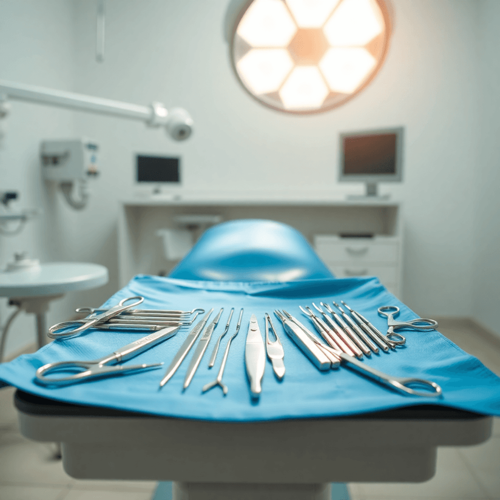 Bright, clean dental surgery room with a neatly organized surgical tray of instruments on a sterile blue drape, bathed in soft natural light.