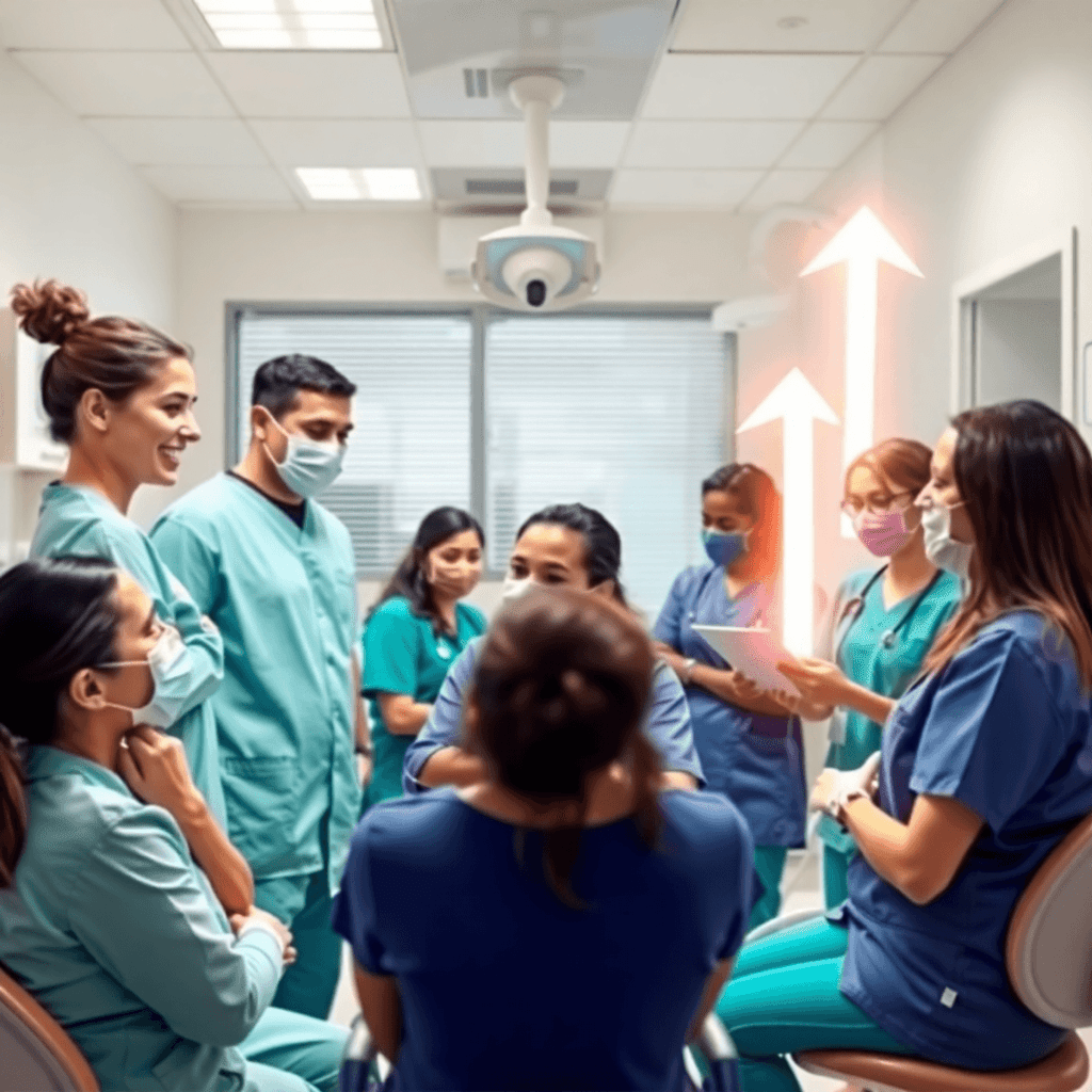 Bright dental clinic interior with a confident dental team assisting patients, featuring abstract upward arrows and glowing lights symbolizing grow...
