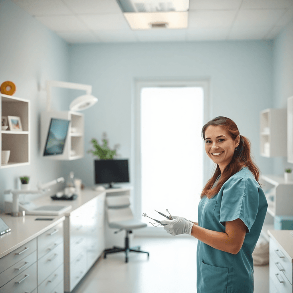 Bright dental clinic interior with a smiling dental assistant preparing instruments in a calm, organized workspace bathed in soft natural light.