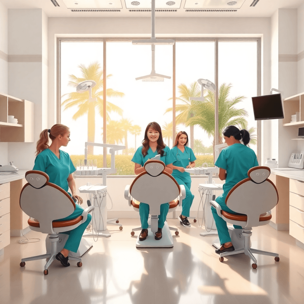 Bright dental clinic interior with modern chairs, diverse dental assistants working, palm trees visible through large windows, and warm natural sun...