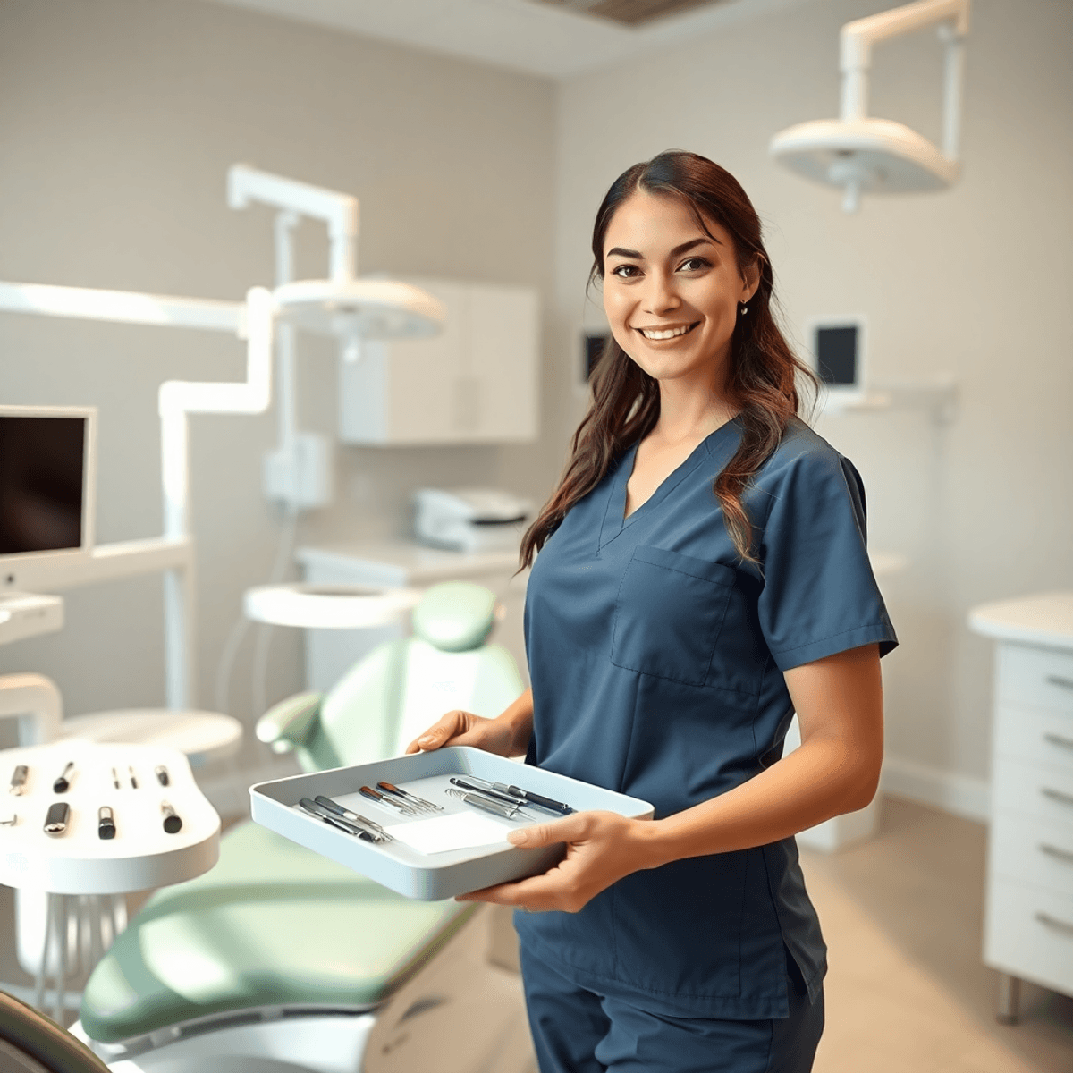 Bright dental clinic operatory with modern equipment; female dental assistant in scrubs preparing tools, bathed in soft natural light, conveying pr...