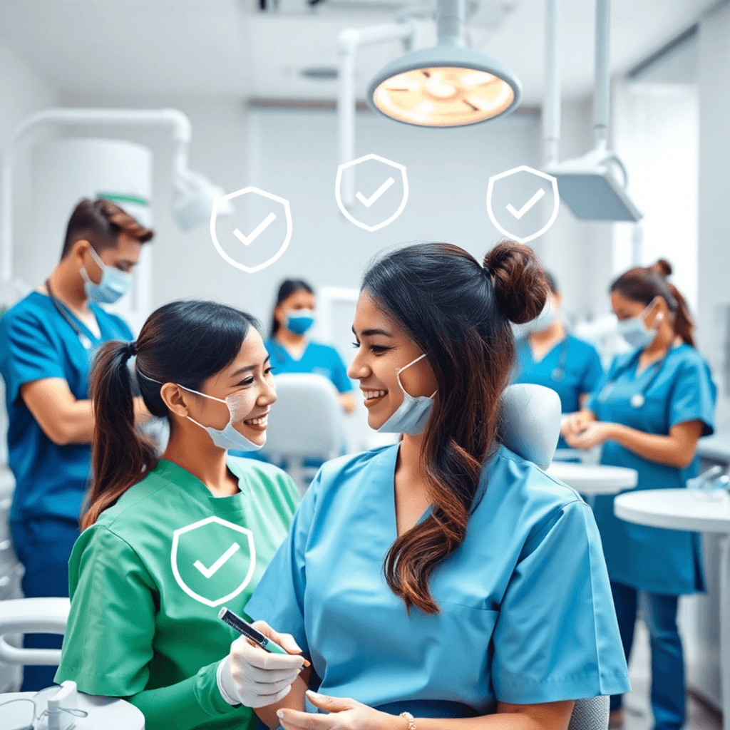Bright dental clinic with a team of dental professionals working, surrounded by tools and abstract icons of checkmarks and shields symbolizing cert...