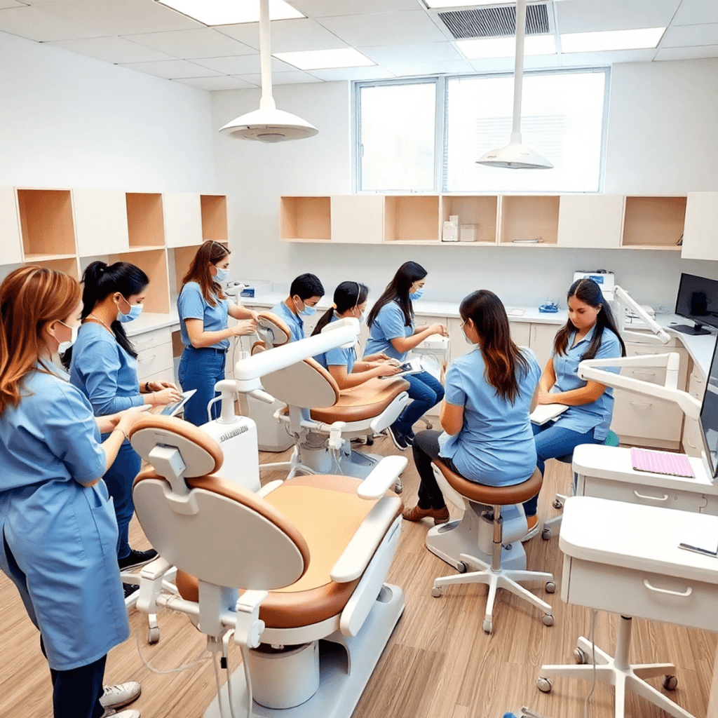 Bright dental training room with chairs and instruments, students practicing skills under instructor guidance in a clean, professional learning env...