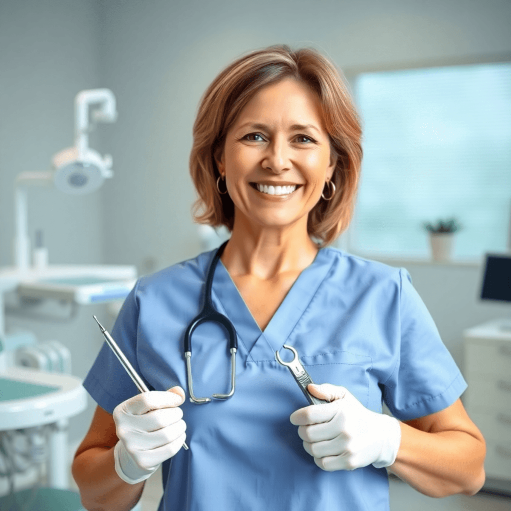 Confident middle-aged woman in dental scrubs smiling, holding dental tools in a bright, modern clinic with dental equipment in the background.