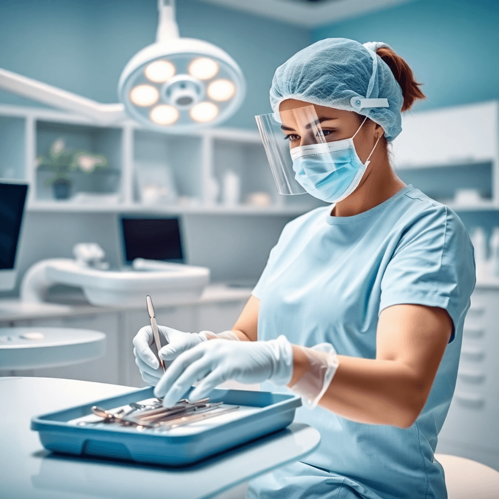 Dental assistant in full PPE handling sterilized instruments in a bright, clean dental operatory with sparkling surfaces and soft glowing light.