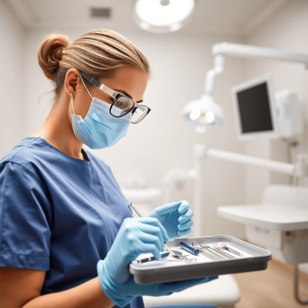 Dental assistant in protective gear arranging sterilized tools on a tray in a bright, modern dental clinic emphasizing cleanliness and professional...