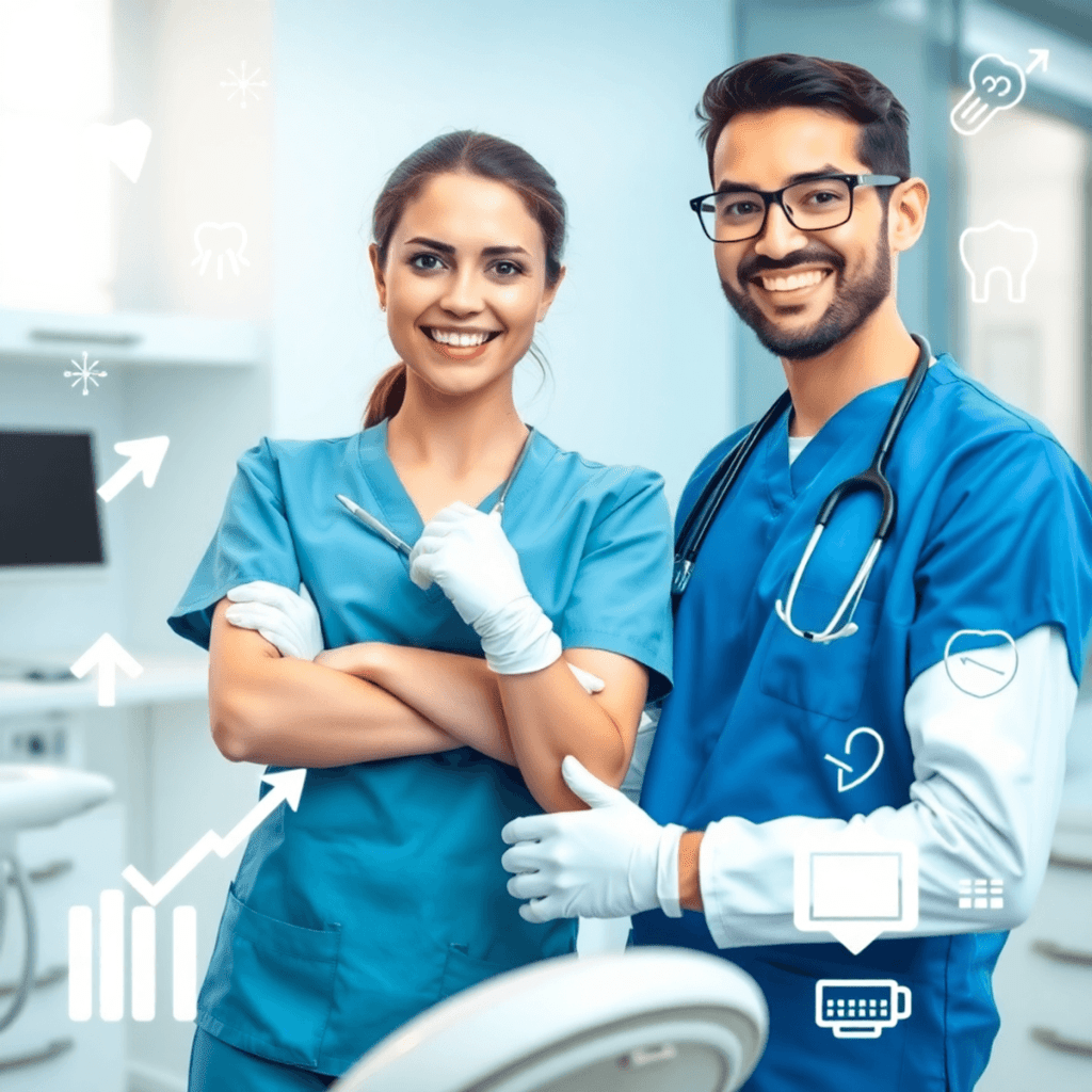 Dental assistant in scrubs and gloves helping dentist in a modern clinic, surrounded by icons of career growth and dental tools, conveying professi...