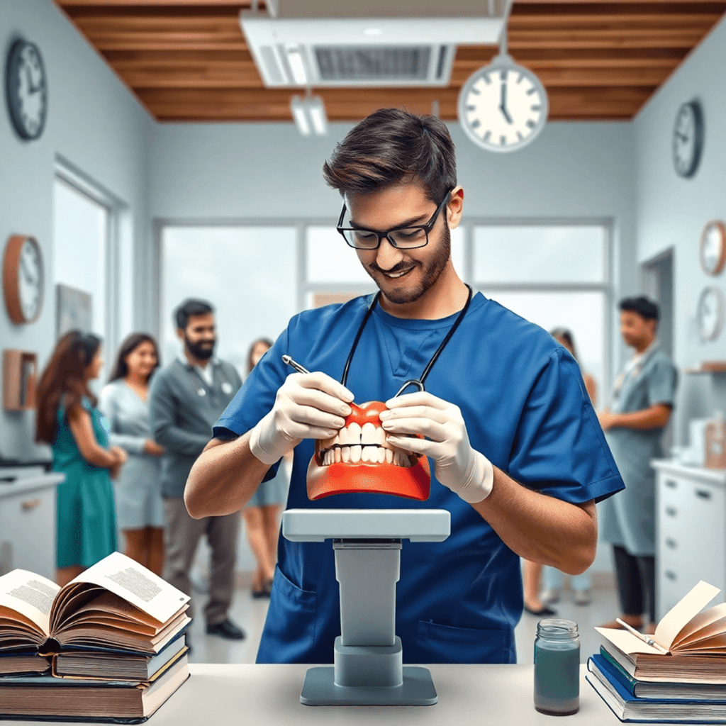 Dental assistant in scrubs practicing on a dental model in a bright clinic, surrounded by abstract books and clocks symbolizing education and progr...