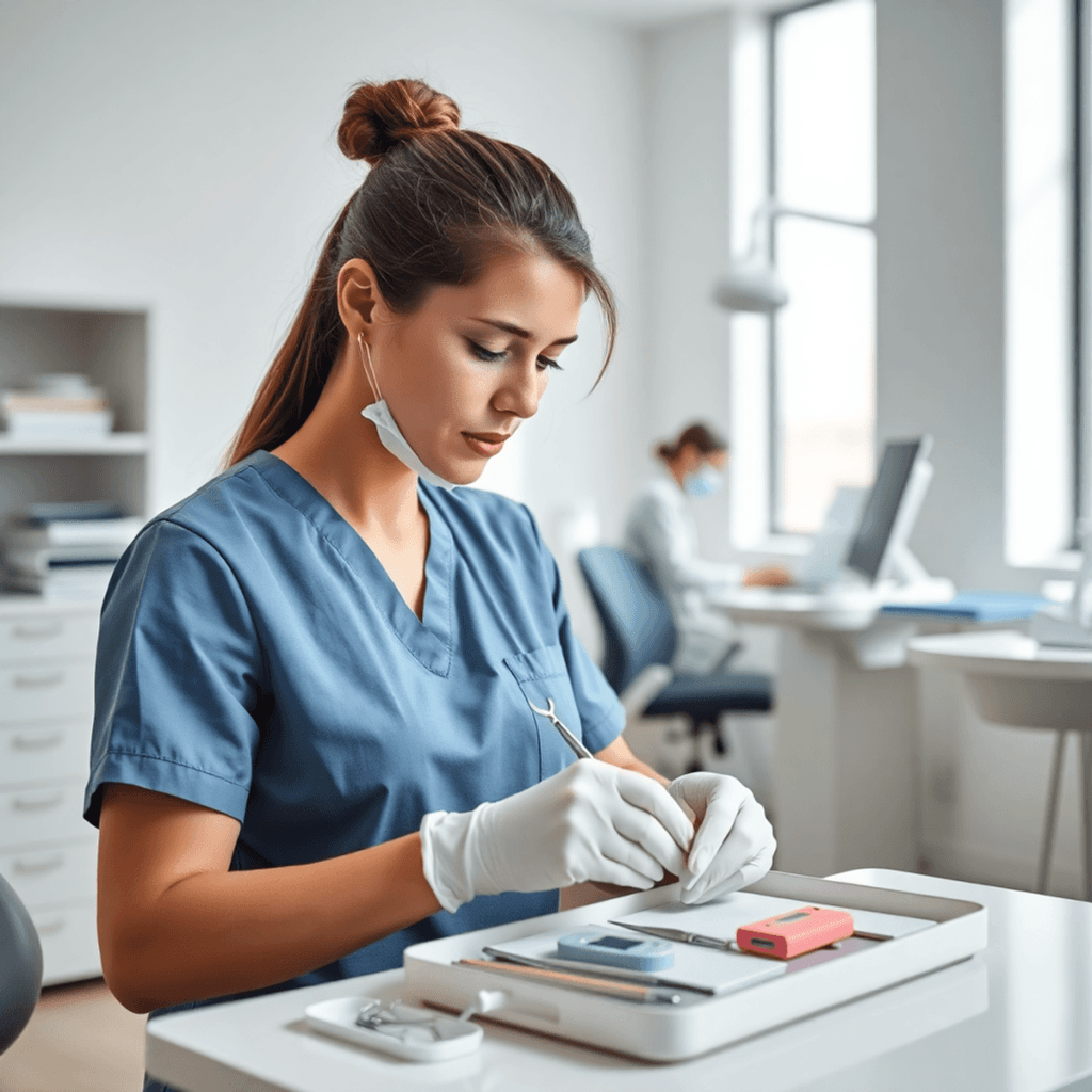 Dental assistant in scrubs preparing instruments in a bright, clean clinic with organized tools and a dentist working in the softly lit background.