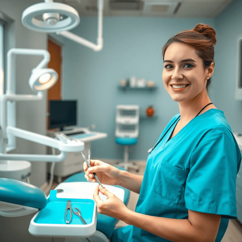 Dental assistant in scrubs preparing instruments in a bright, clean clinic treatment room filled with dental tools and equipment.
