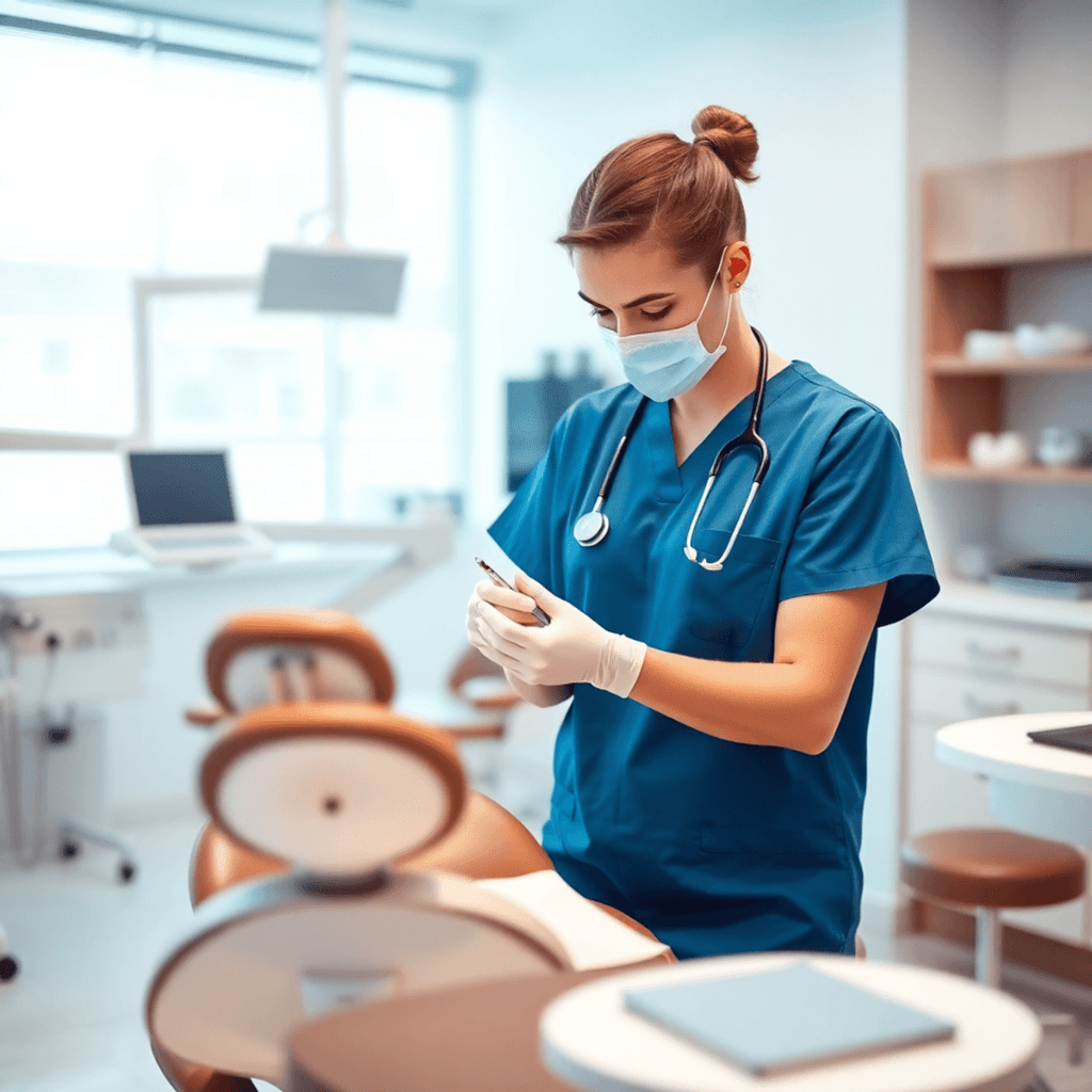 Dental assistant in scrubs preparing tools beside patient chair in a bright, clean, modern dental clinic with equipment in the background.