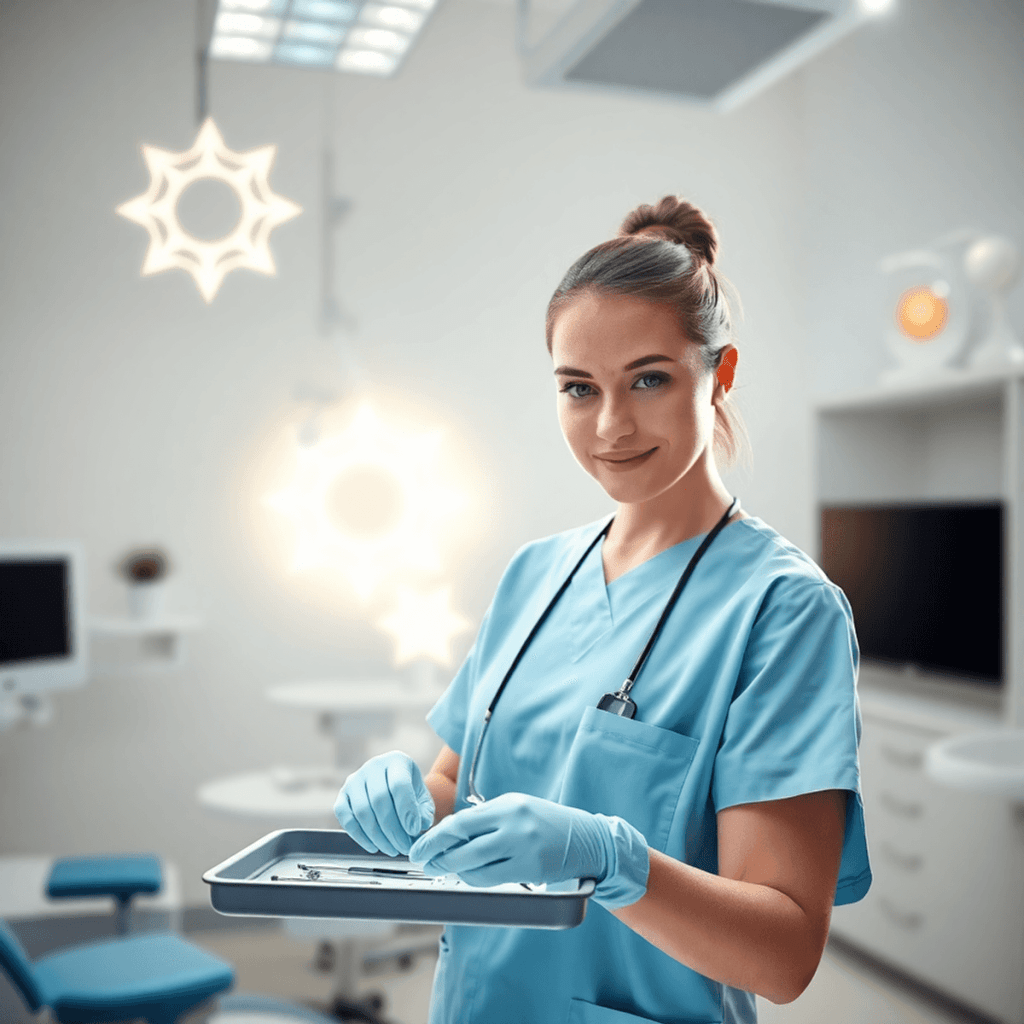 Dental assistant in scrubs preparing tools in a bright clinic with glowing abstract shapes symbolizing teamwork and precision in the background.
