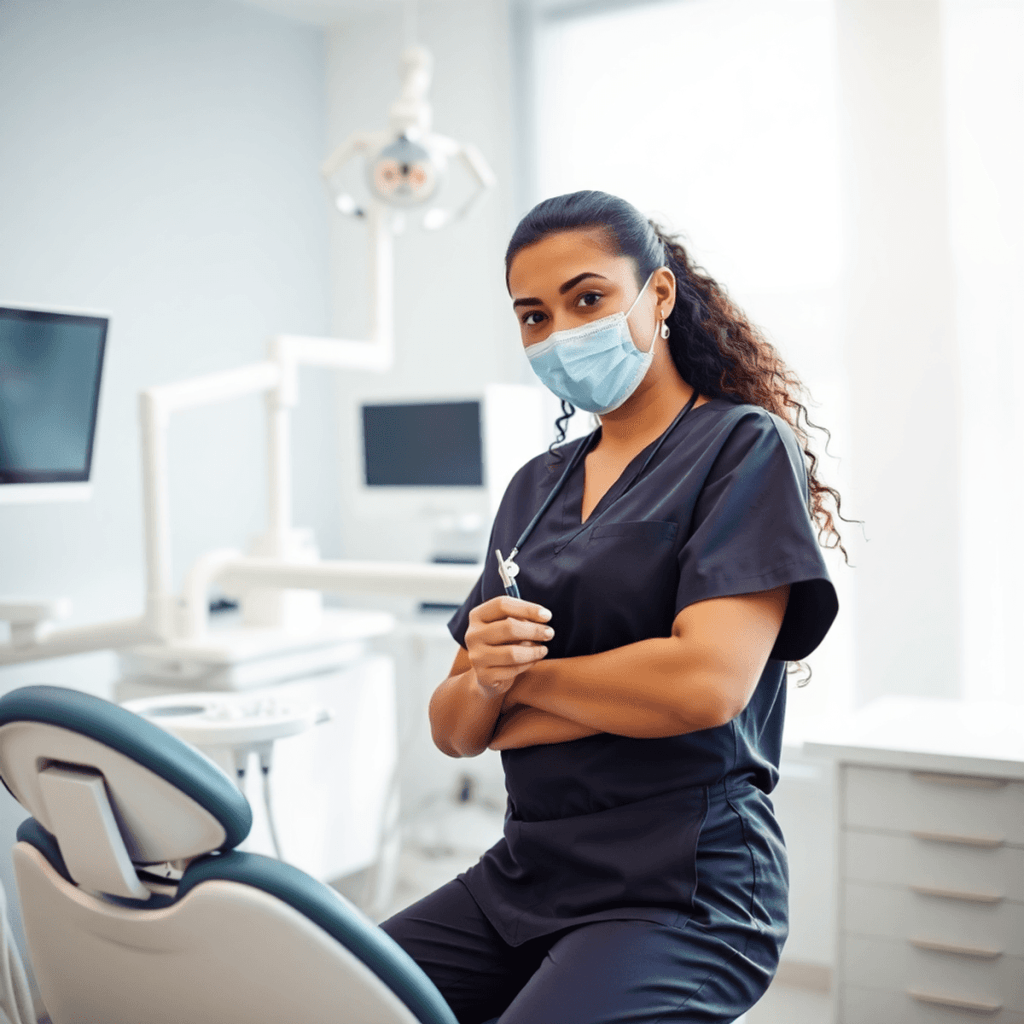 Dental assistant in scrubs preparing tools in a bright, modern clinic with clean equipment and natural lighting, ready for patient care.