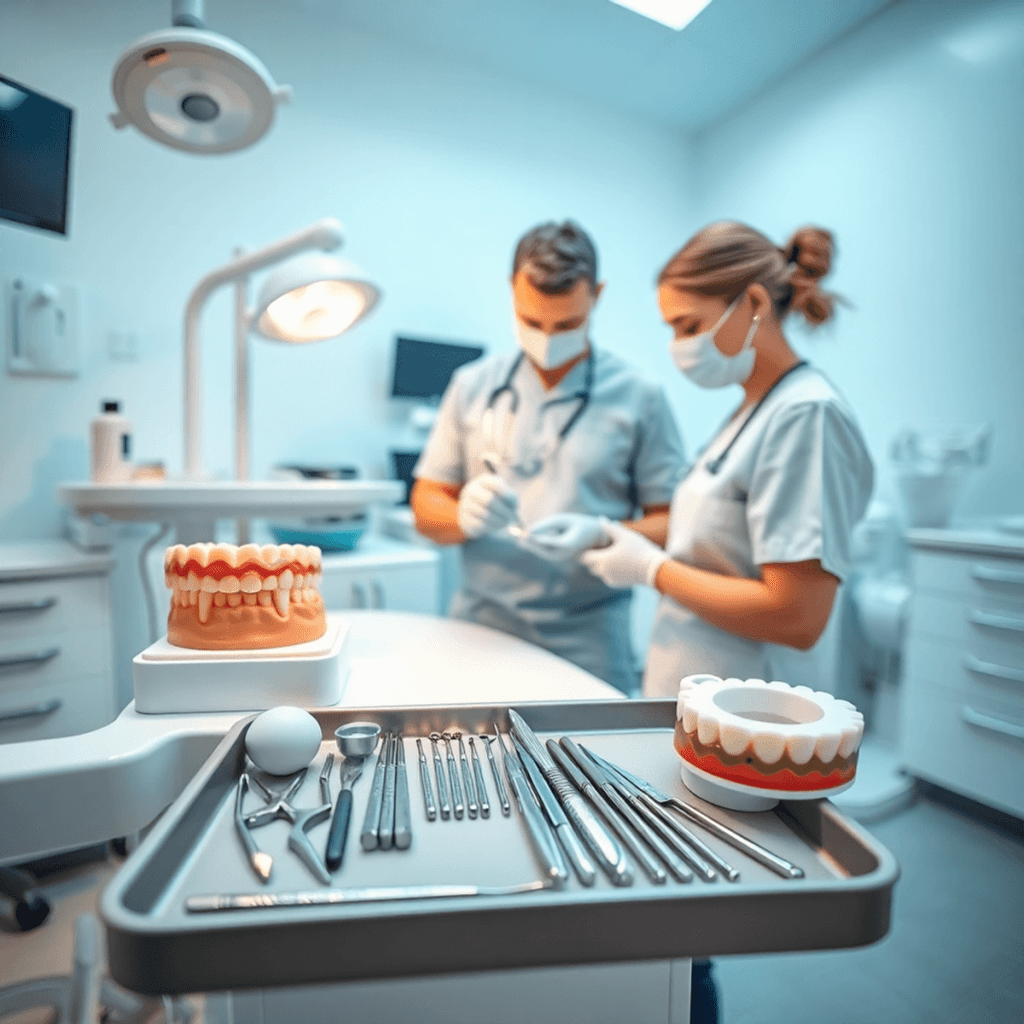 Dental assistant preparing instruments in a bright clinic with trays of tools, a teeth model showing roots, and an abstract tooth braces illustration.