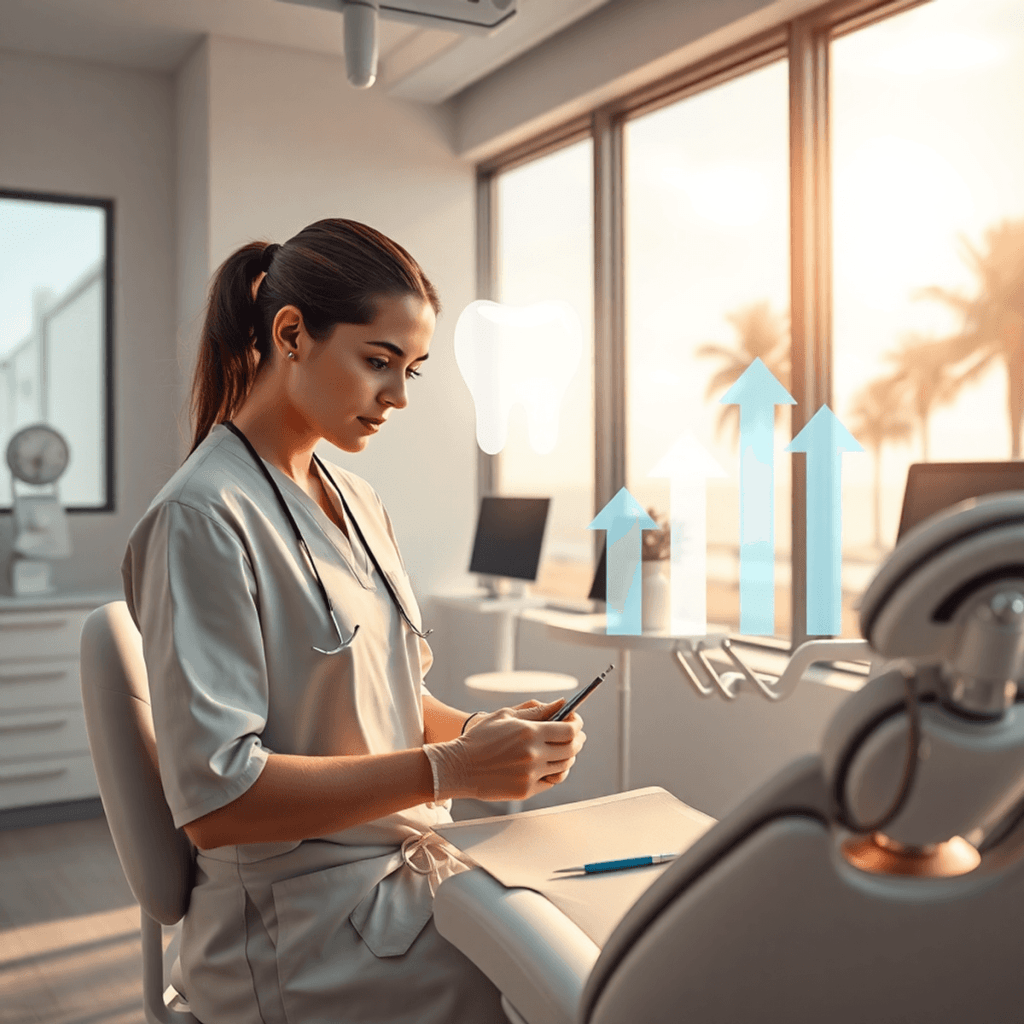 Dental assistant preparing tools in a bright clinic with glowing tooth icon, upward arrows, and palm trees visible through large windows.