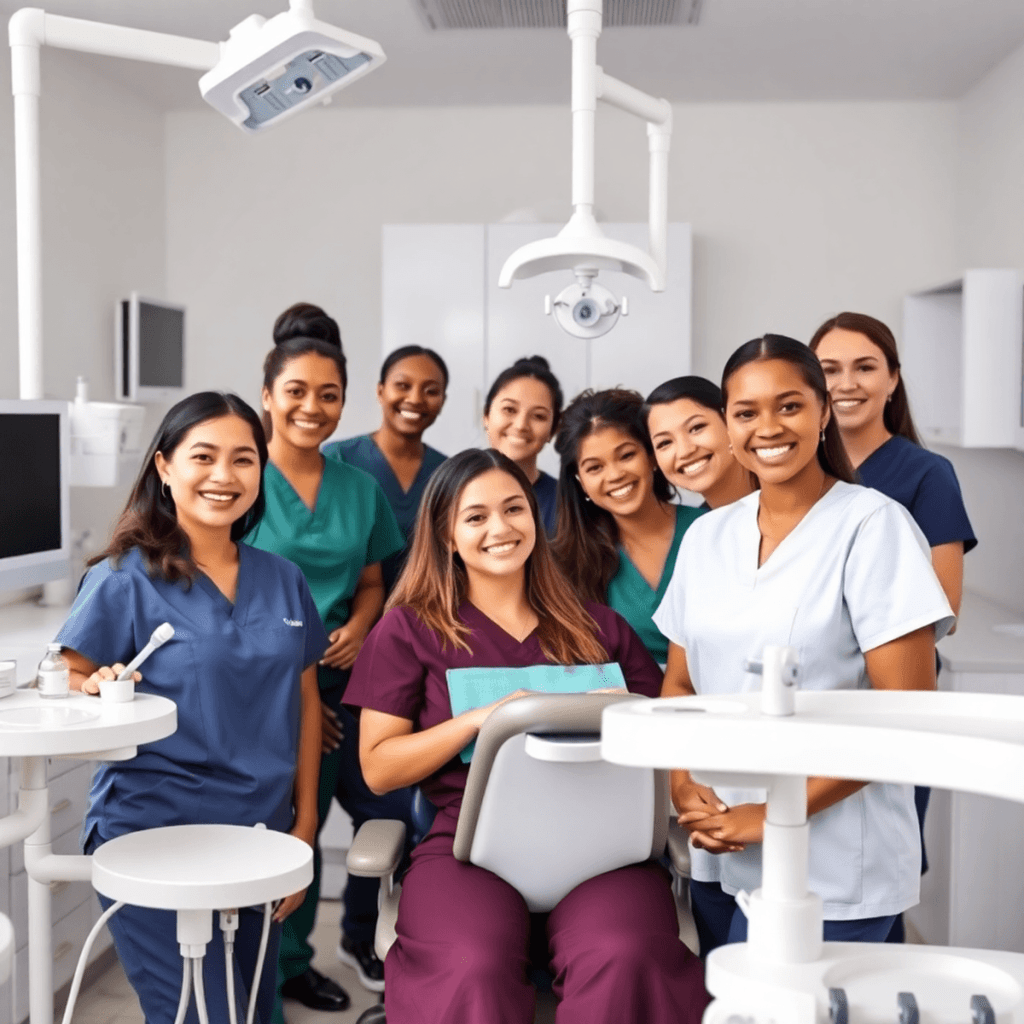 Dental assistants in scrubs smiling and working together confidently around a patient chair in a bright, modern dental clinic.