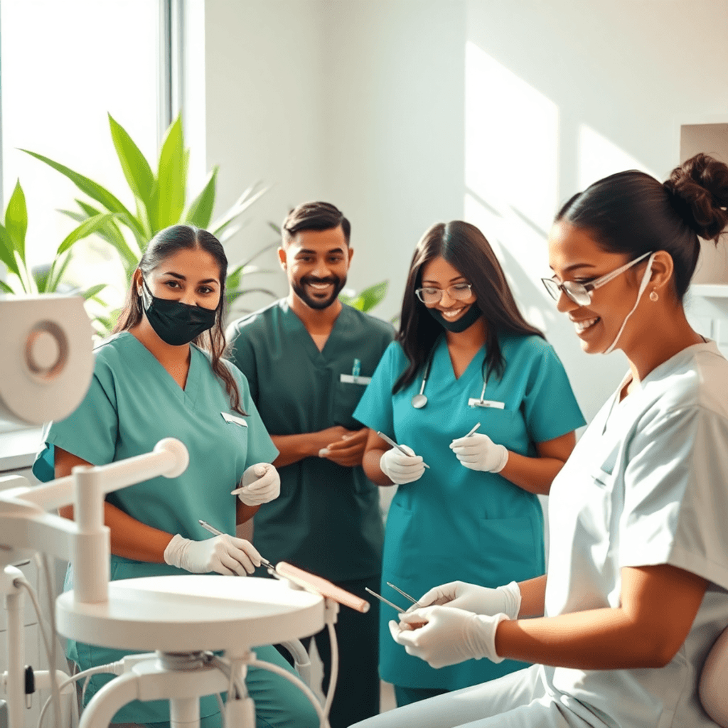 Dental clinic with a diverse team of dental assistants working efficiently in a bright, modern space with natural light and tropical plants outside.