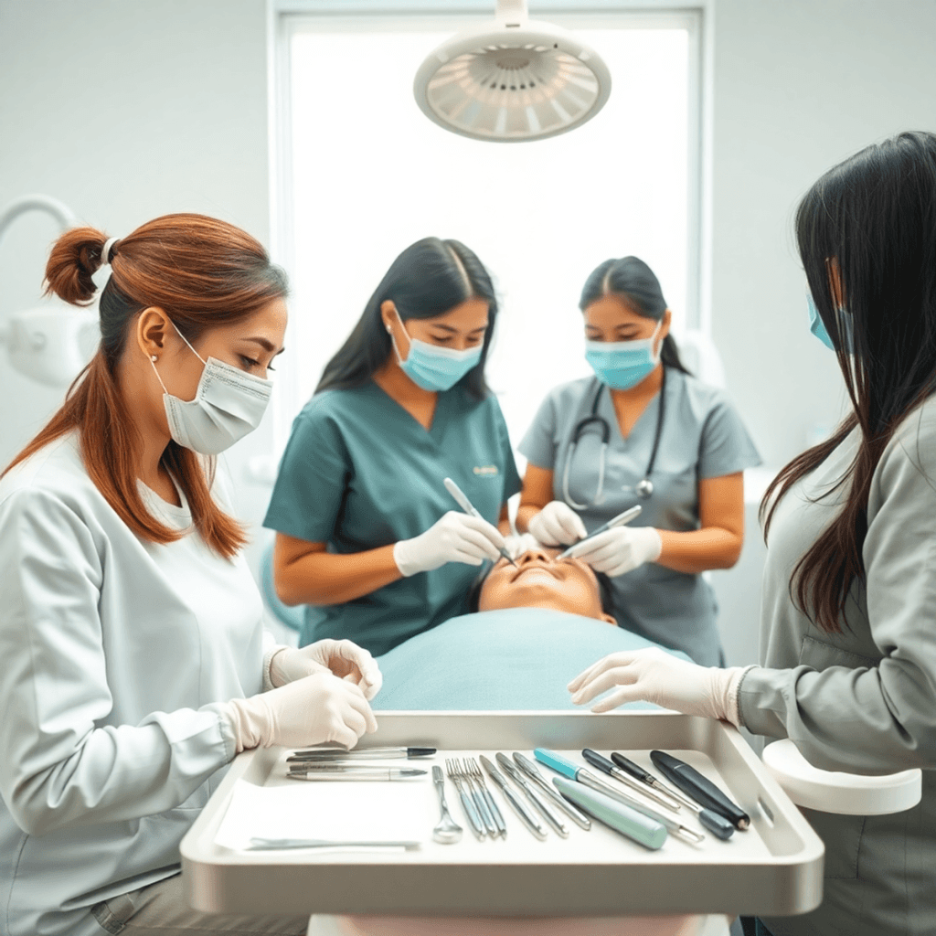 Dental clinic with dental assistants working, modern equipment on tray, soft natural light highlighting teamwork and professionalism.