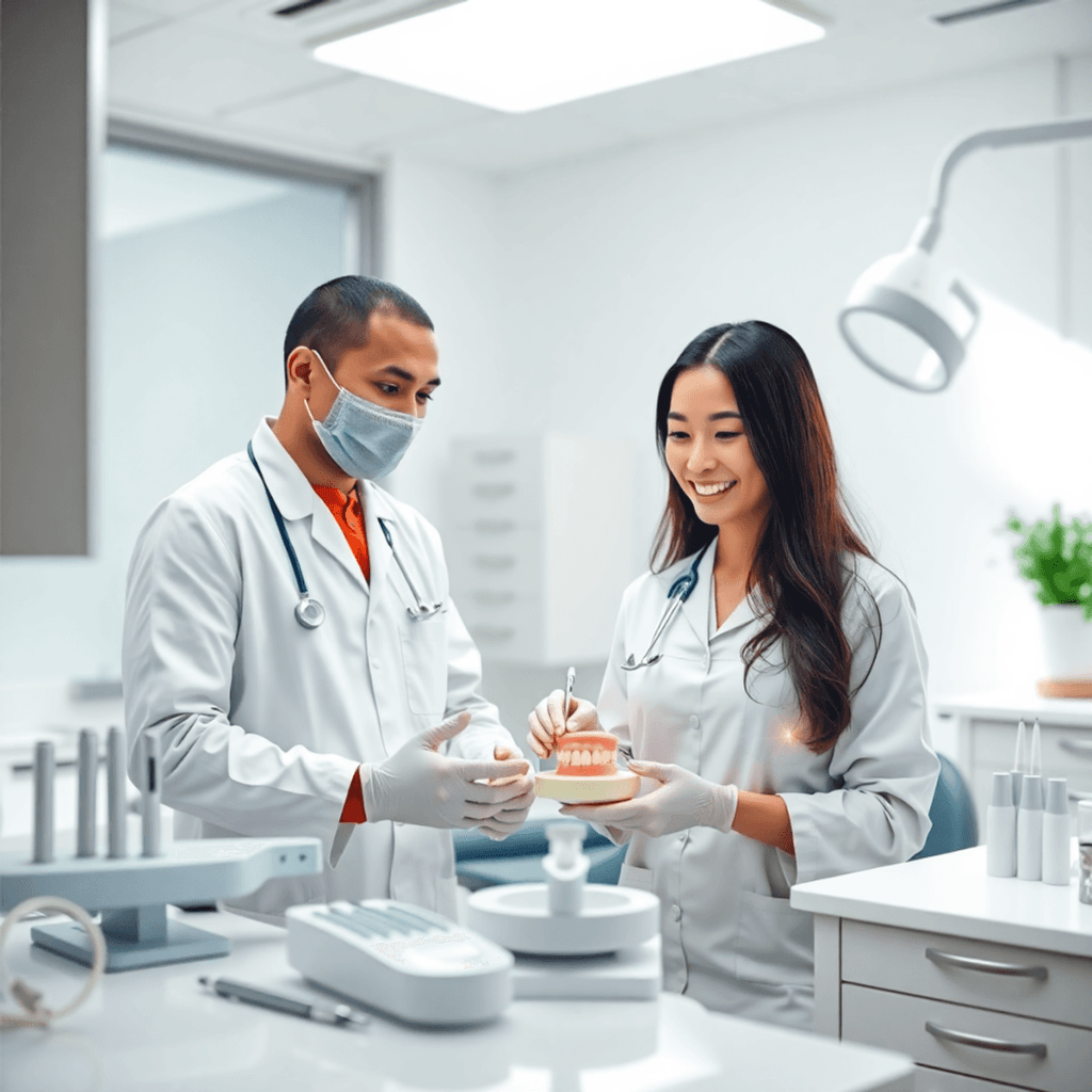 Dental team collaborating in a bright clinic with tools and models, soft natural light highlighting professionalism and teamwork in advanced dental...