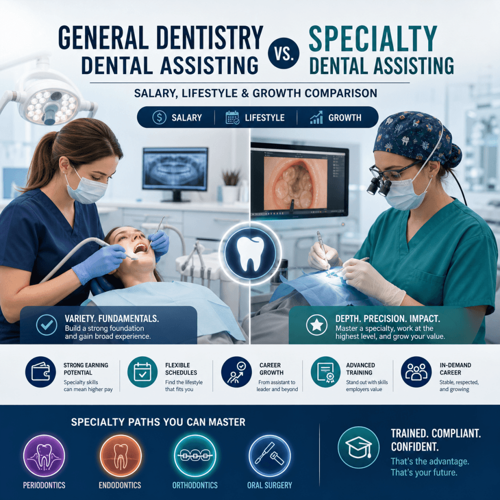 General Dentistry vs. Specialty Dental Assisting: Salary, Lifestyle & Growth Comparison