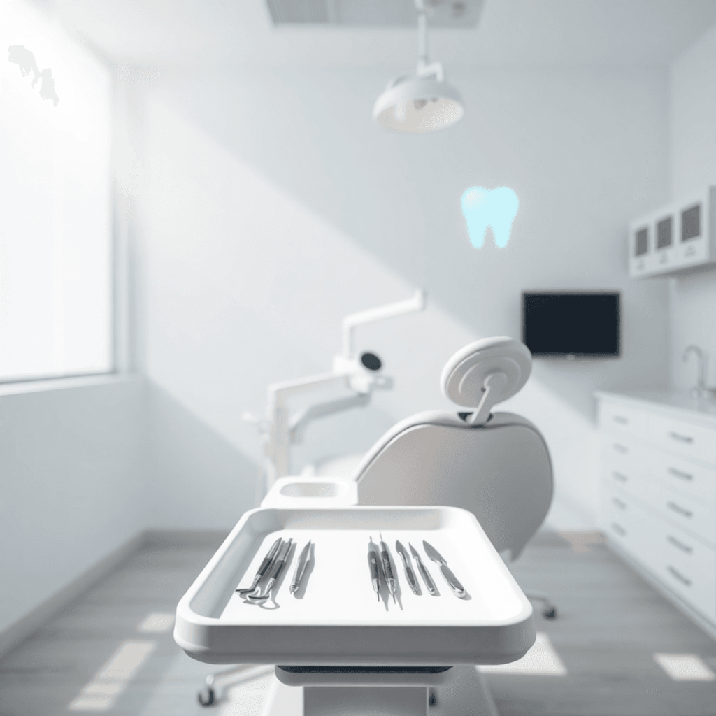 Modern dental chair and tray with instruments in a bright, clean clinic, illuminated by soft natural light with glowing shields symbolizing safety ...