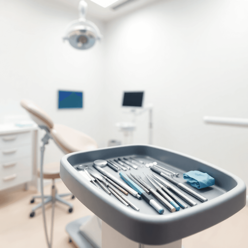 Modern dental operatory with a clean dental chair, organized instrument tray, sterile gloves, and soft lighting creating a calm, professional atmos...