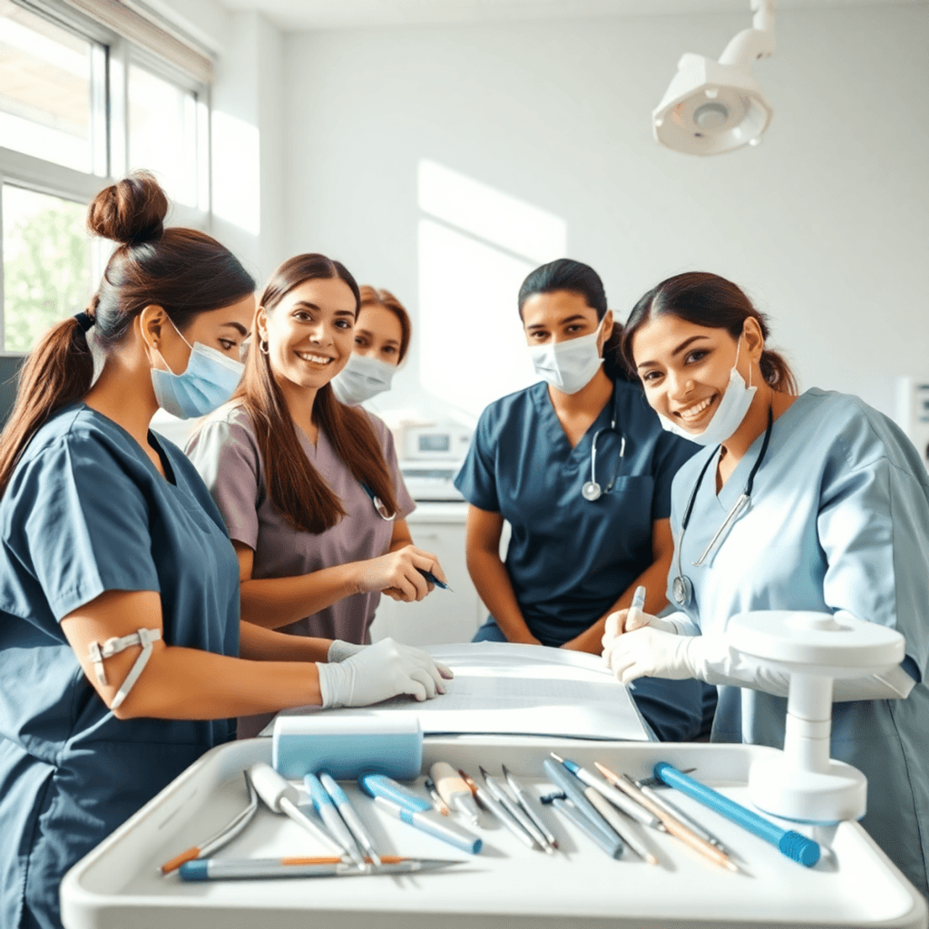 Smiling dental assistants in a bright clinic with modern equipment and soft natural lighting, showcasing a friendly and professional healthcare env...