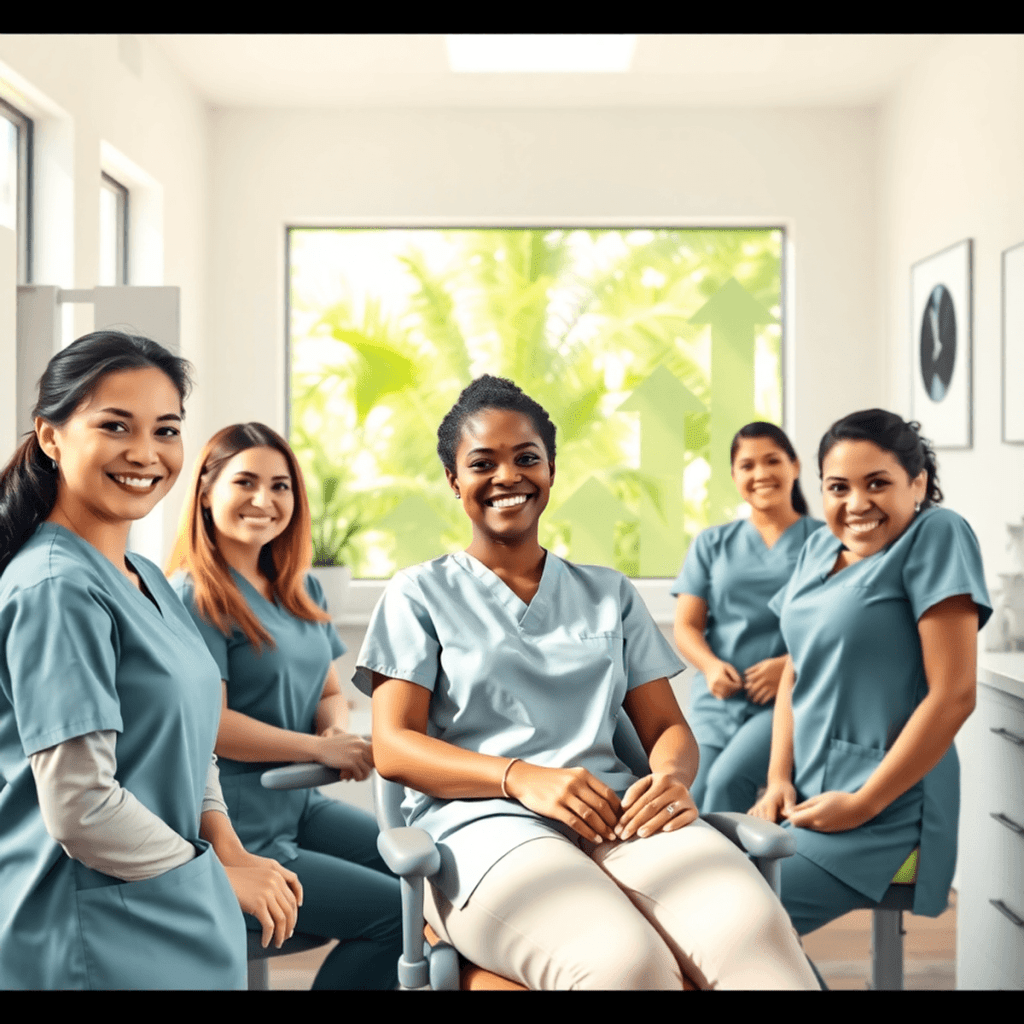Smiling dental assistants working together in a bright South Florida office with natural light, tropical plants, and abstract career growth symbols...