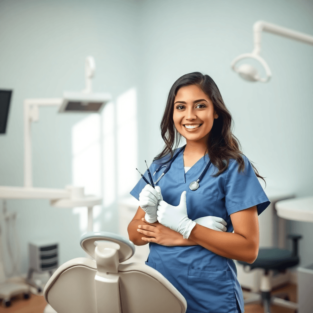 Smiling female dental assistant in scrubs holding tools beside a modern dental chair in a bright, clean, and organized dental clinic.